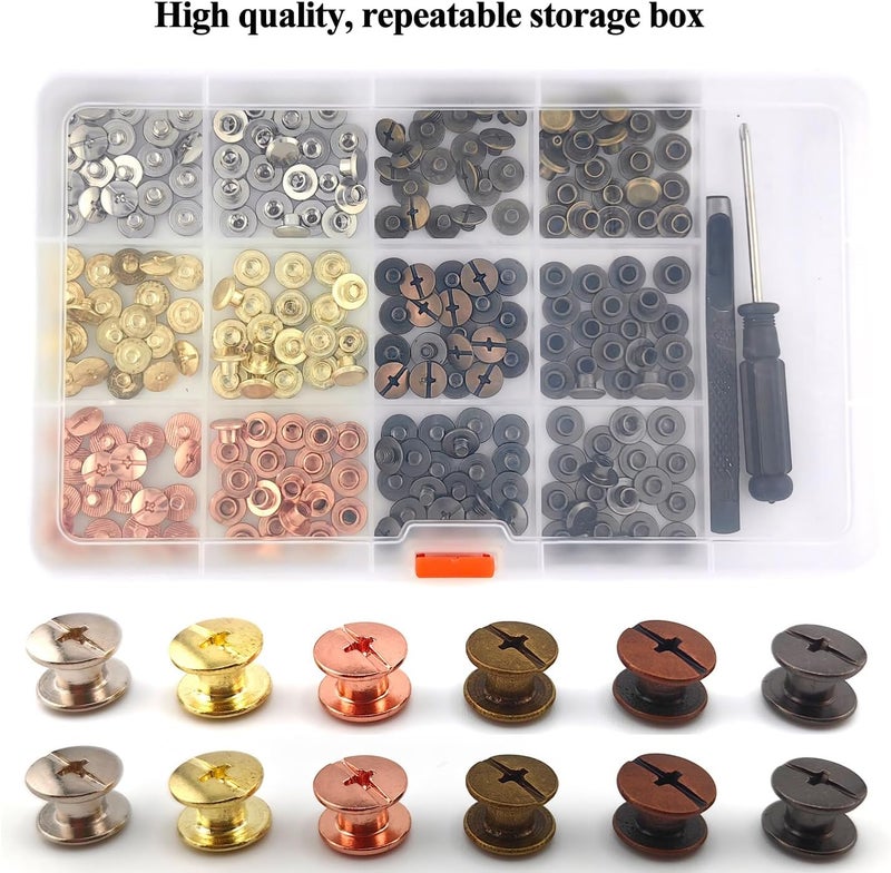 ALLOYPRO 120 Sets Chicago Screws with Hole Puncher and Screwdriver Assorted Kit 6 Color Leather Rivets Screw Flat Fillister Book Binding Posts Nail Rivet Chicago Bolts for DIY Leather Craft (5×4mm) - Image 4